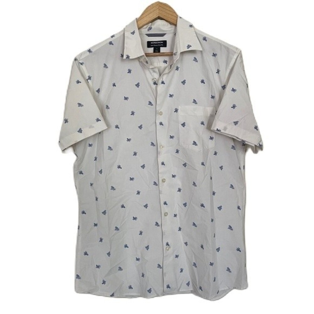 Nordstrom Trim Fit Men’s Short Sleeve White Blue Men's Shirt (Size L)